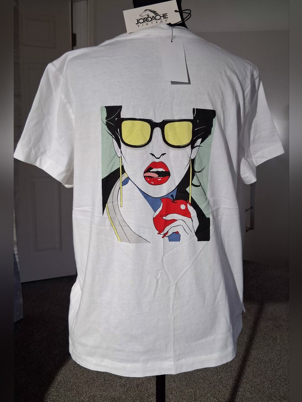 Jordache Vintage White Tee with Pop-Art Woman Graphic